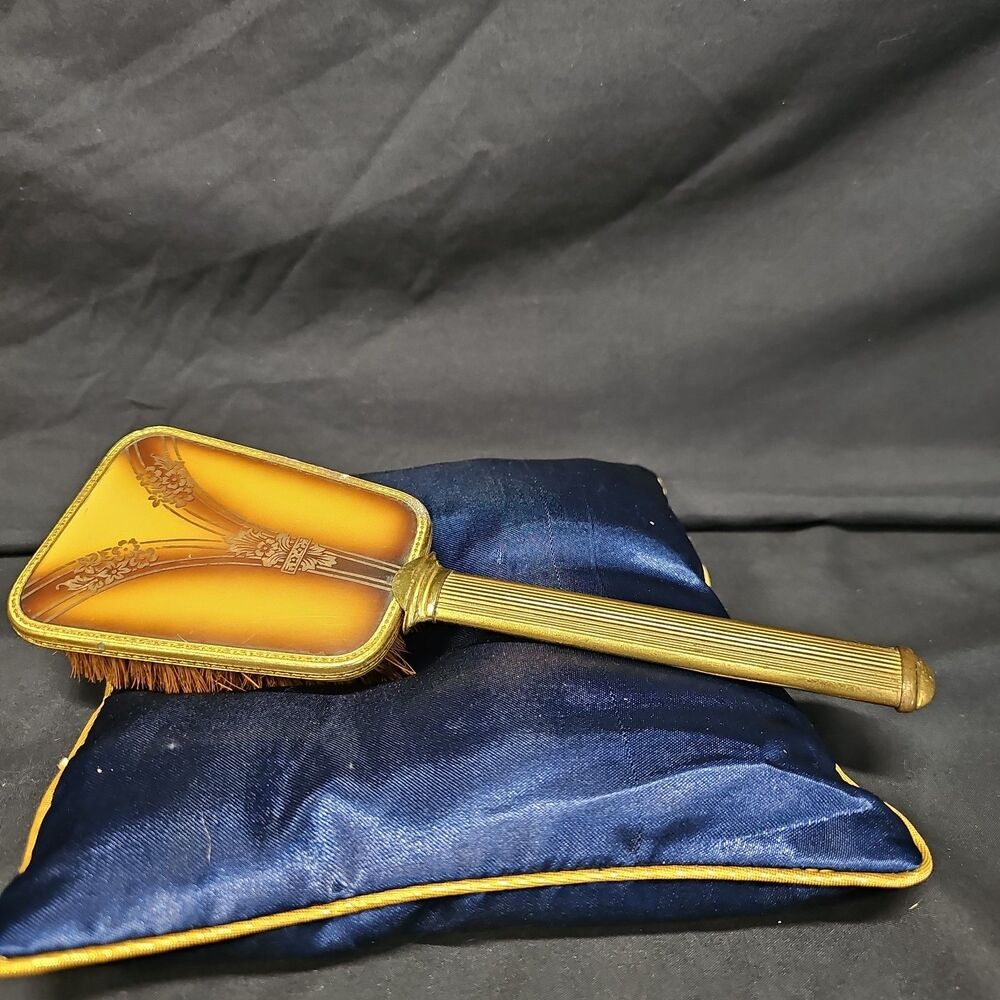 Vintage Art Deco Vanity Hair Hand Held Mirror Enamel Yellow Brown Floral 9”